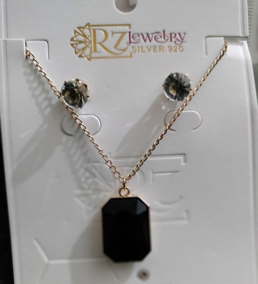 Black Stone Pendant Set with Gold Chain & Earrings