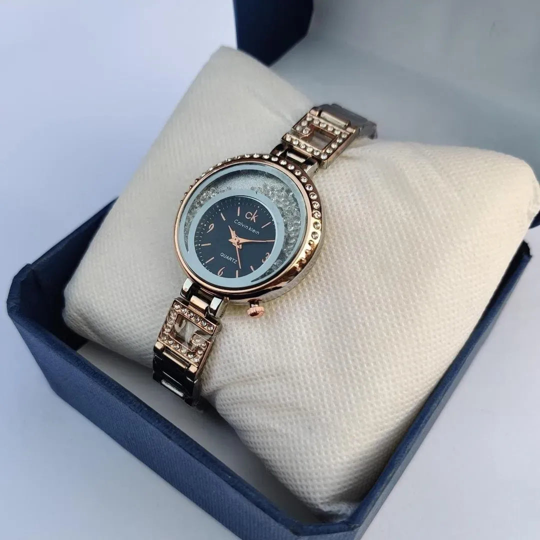 Women Rose Gold Crystal Watch Dark Blue Dial