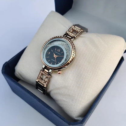Women Rose Gold Crystal Watch Dark Blue Dial