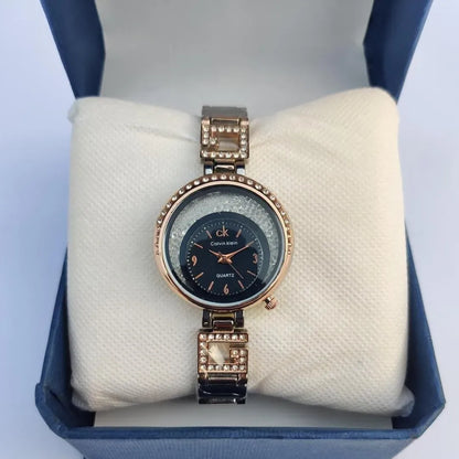 Women Rose Gold Crystal Watch Dark Blue Dial