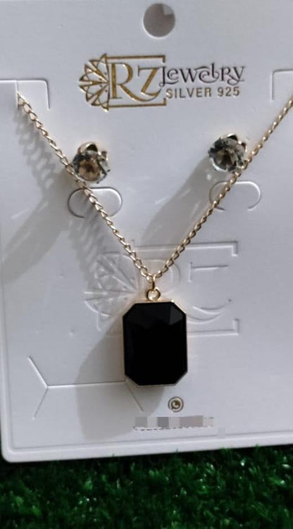 Black Stone Pendant Set with Gold Chain & Earrings
