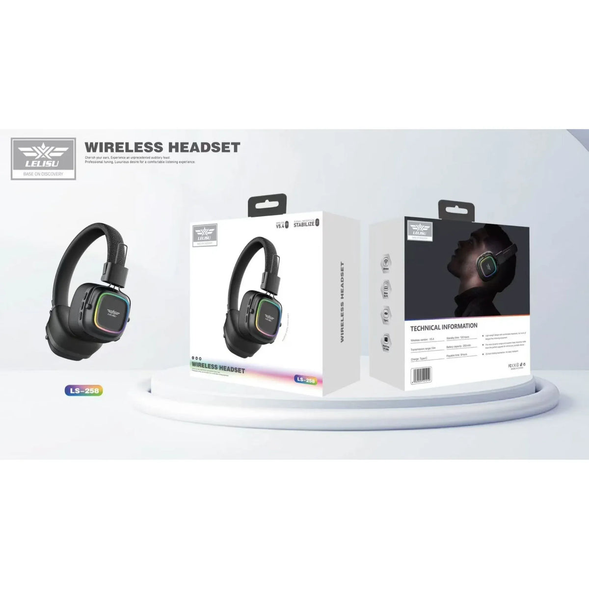 Lelisu LS-258 Wireless Stereo Headphones | Bluetooth 5.4 Over-Ear Headset with Type-C Charging & LED Lights