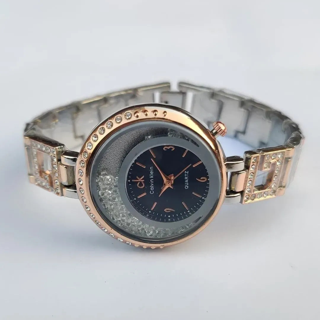 Women Rose Gold Crystal Watch Dark Blue Dial