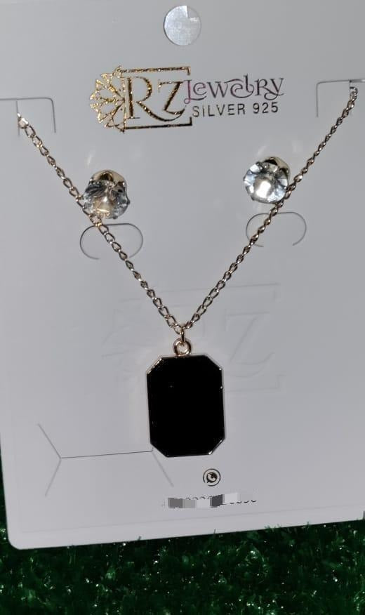 Black Stone Pendant Set with Gold Chain & Earrings