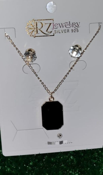 Black Stone Pendant Set with Gold Chain & Earrings