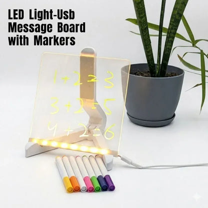 8x8 Inches LED Acrylic Writing Board with USB Light | 7 Colorful Erasable Pens | Message Board with Markers & Stand