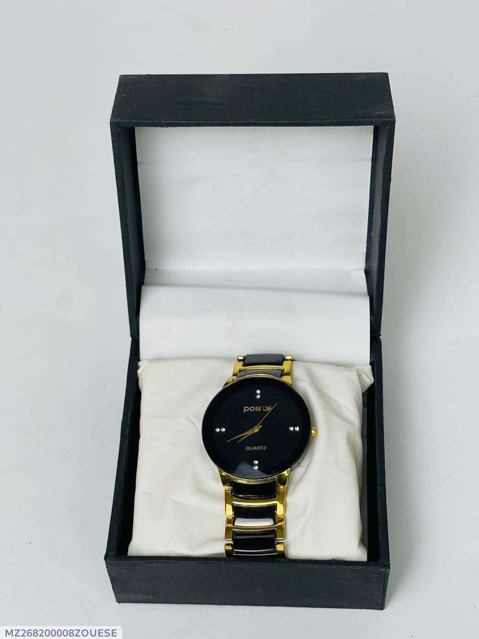 Men's Black Gold Quartz Watch with Stainless Steel Band