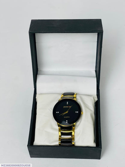 Men's Black Gold Quartz Watch with Stainless Steel Band