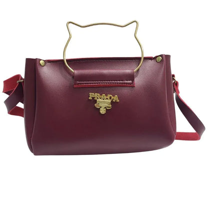 Maroon Elegant Cat Handle Handbag for Girls & Ladies | Stylish Shoulder & Crossbody Bag with Gold Accents | Adjustable Strap