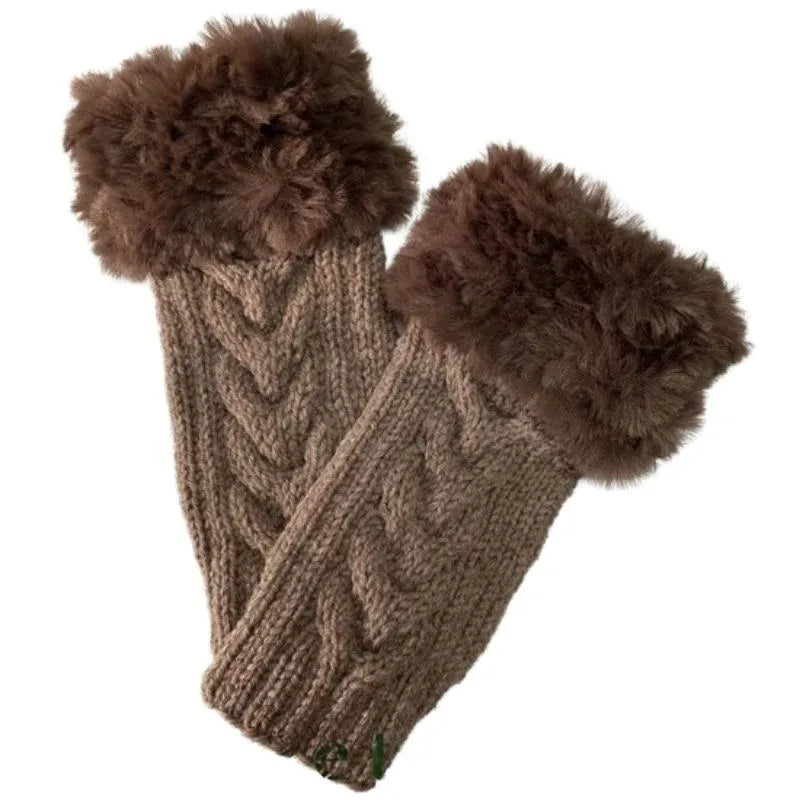 Women’s Faux Fur Fingerless Knitted Gloves | Warm Winter Hand Wrist Warmers | Soft, Stylish & Comfortable | Brown