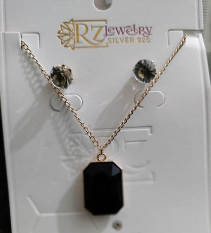 Black Stone Pendant Set with Gold Chain & Earrings