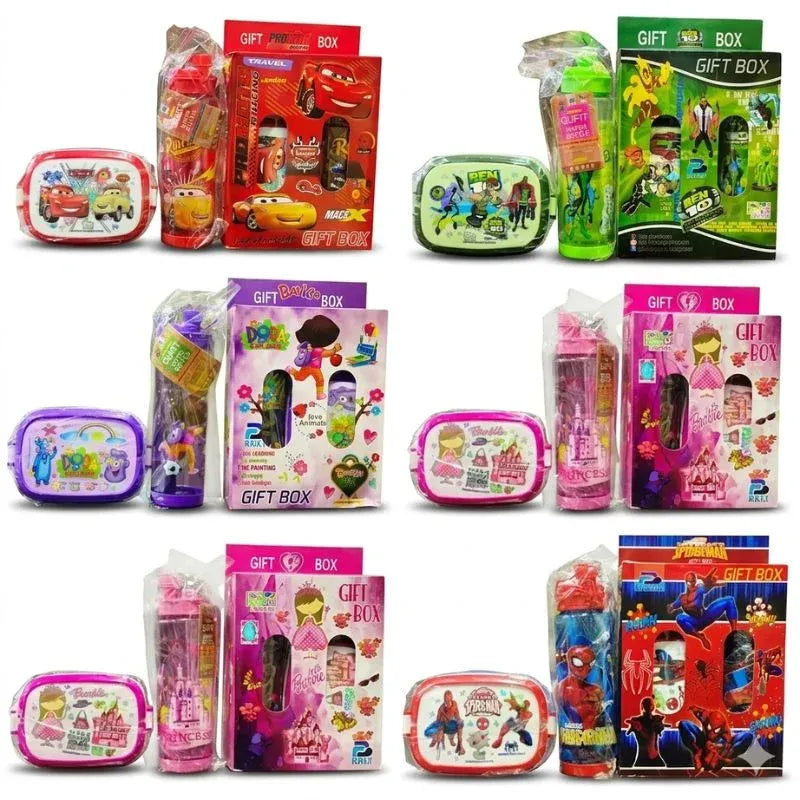 2-in-1 Kids Lunch Box & Water Bottle Set | School Combo Gift Pack with Bottle & Lunch Box | Multiple Cartoon Characters